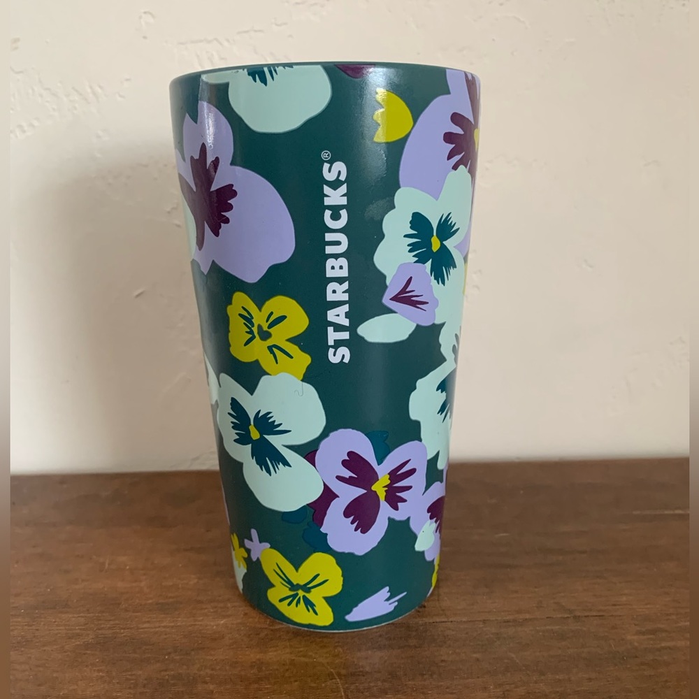 Starbucks 2020 Pansies Flowers Green Purple Ceramic Grande Travel Mug